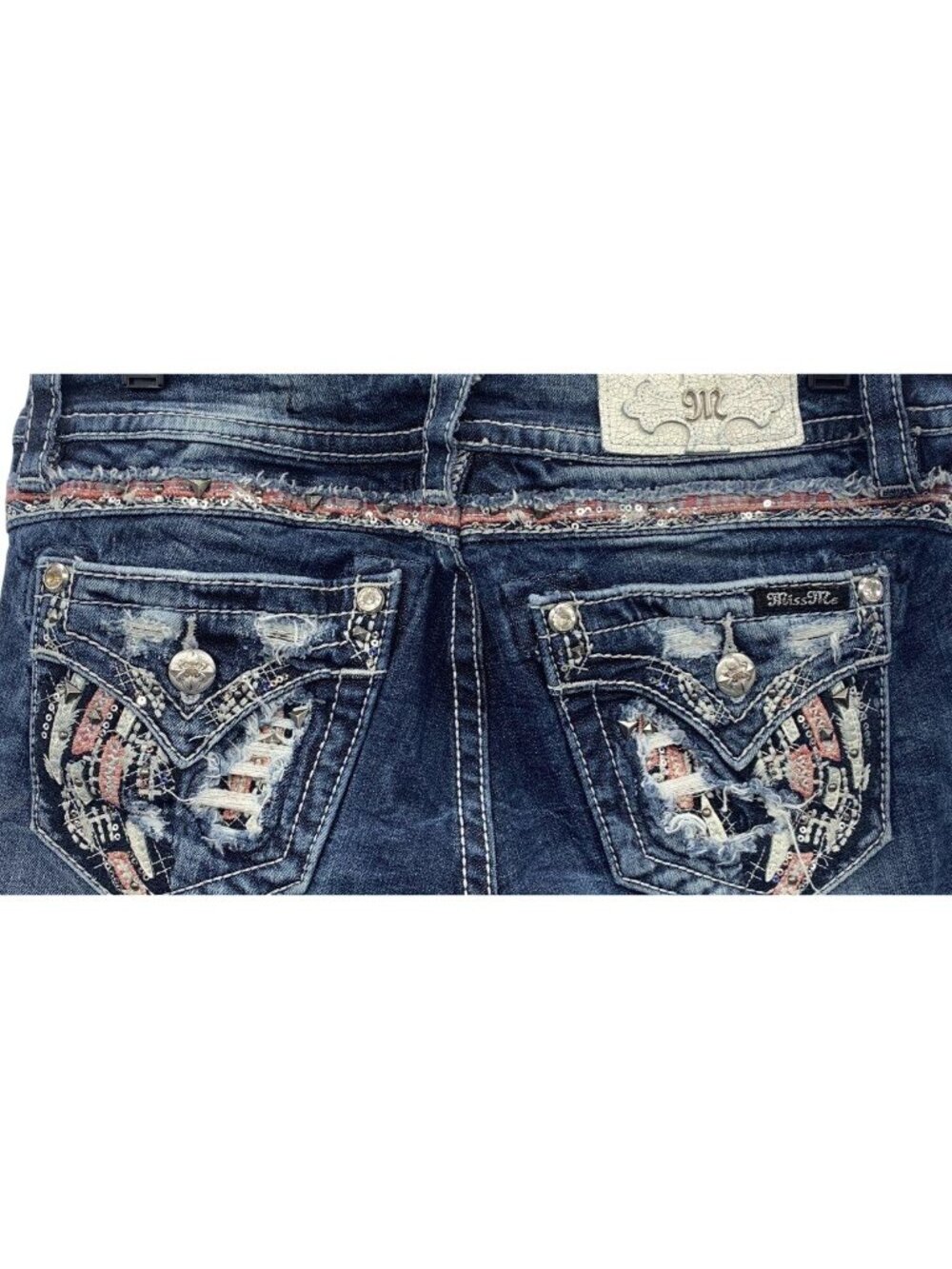 Miss Me Women's Blue Medium Wash Embellished Mid-rise Easy Straight Jeans- 29